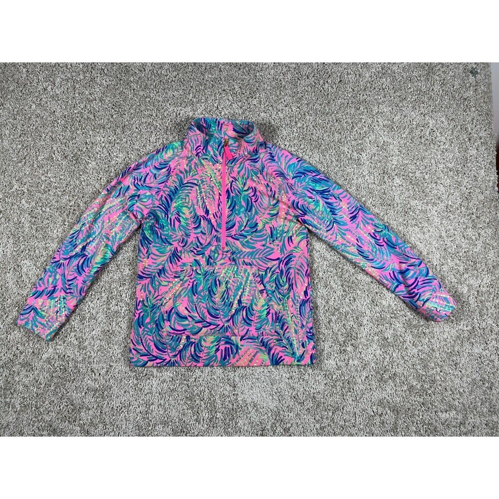 Lilly Pulitzer Girls Pullover Tropical Pink Palm Print Quarter Zip L